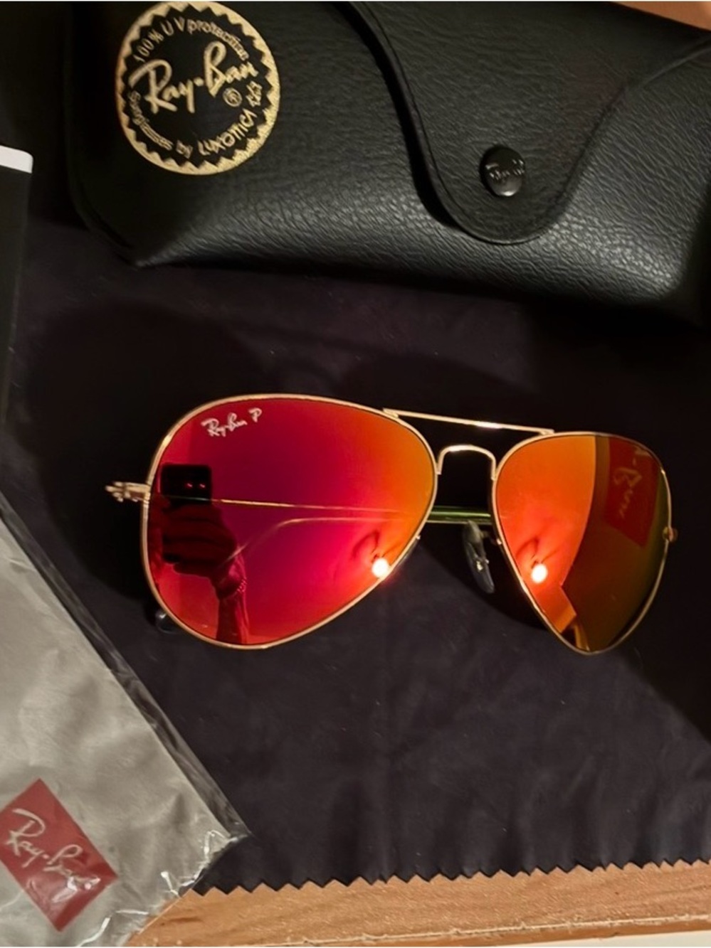 Ray-Ban Aviator Sunglasses - Red/Orange Mirrored Lenses, Gold Frame